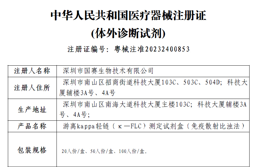 喜訊！國賽生物游離輕鏈測定試劑盒獲證！